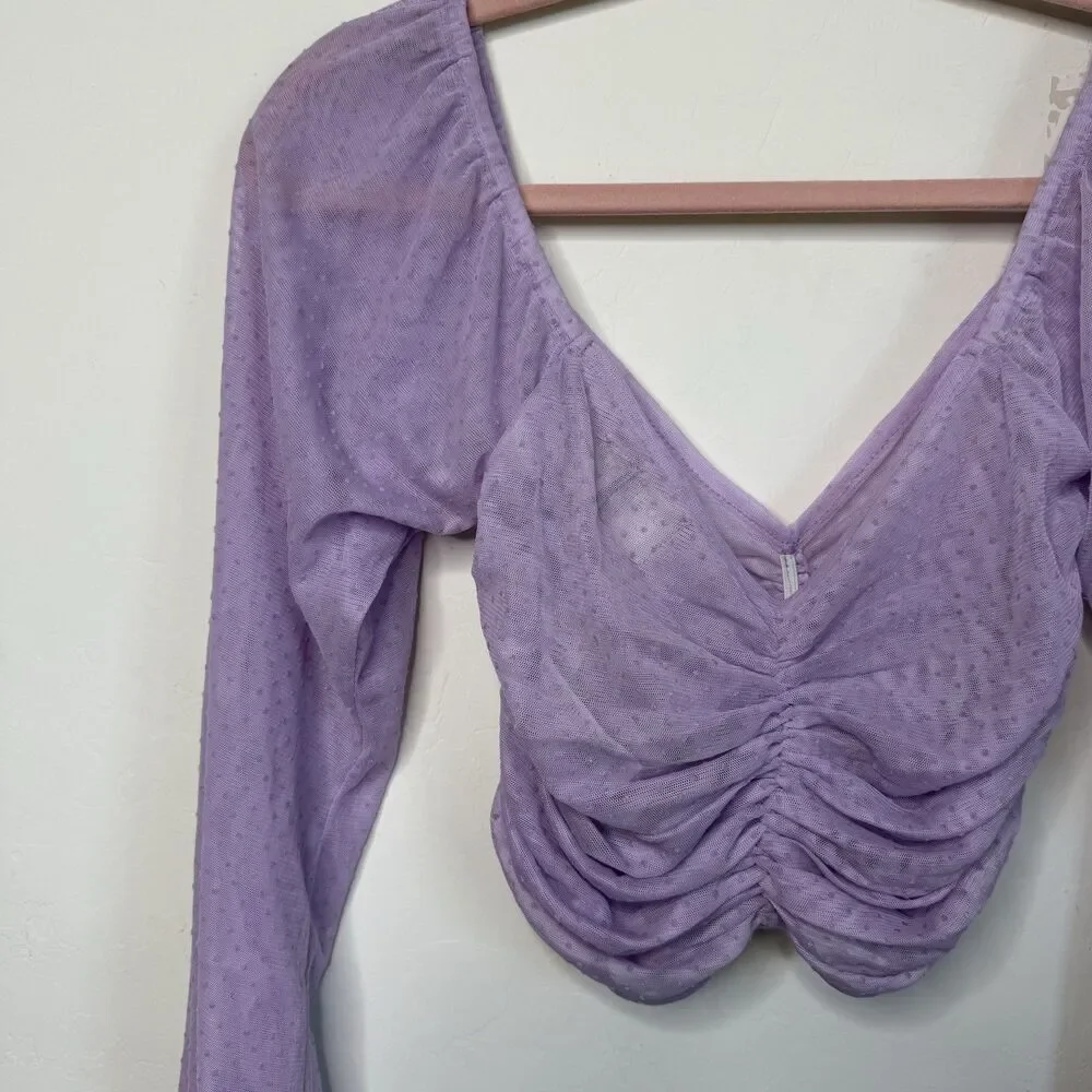 ASOS Size 4 Purple Ruched Sheer Swiss Dot Long Sleeve Crop Top